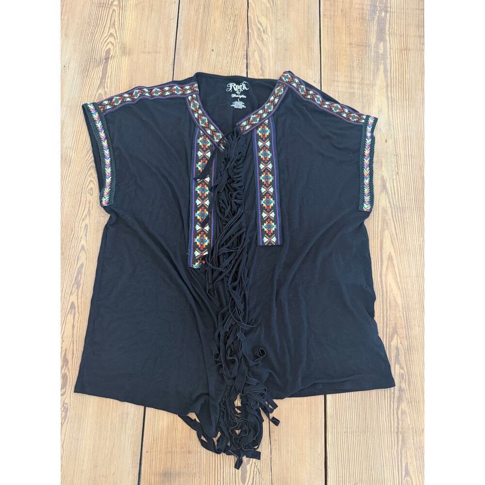 NWT Wrangler Rock‎ 47 Embroidered Fringe Short Sleeve Open Front Cardigan Large